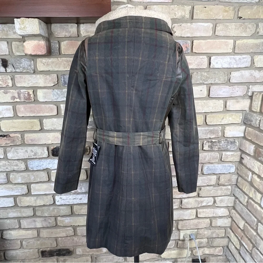 KARL DONOGHUE waxed cotton & leather belted tartan coat with lambskin
